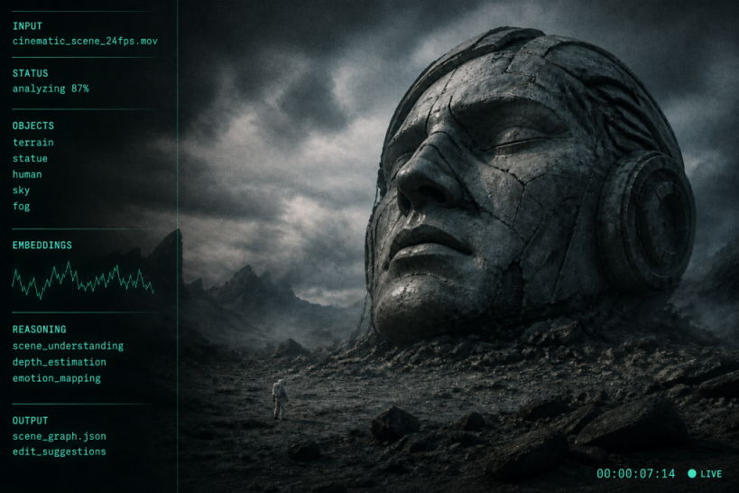 Colossal buried stone head with forehead wireframe grid and baked Hermes analysis HUD